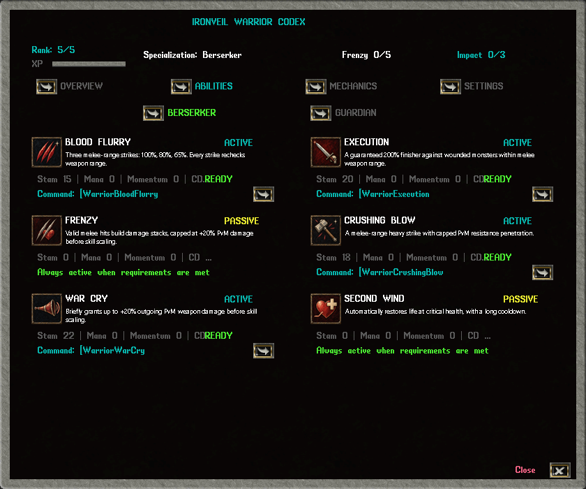 Ironveil Warrior Codex abilities at Rank 5