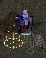 Golden runes and rising sparks marking the hidden treasure beside a character in the Ironveil client